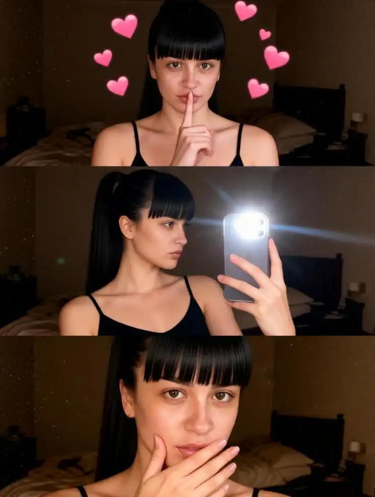 Moody Y2K bedroom collage with mirror selfie poses.