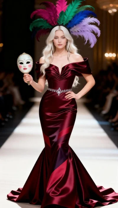 Women wear a wine-red satin gown with an artistic feather headpiece.