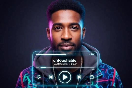 Portrait styled as Spotify player screen with music interface and album cover