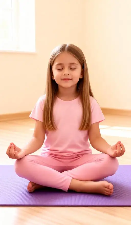 Little girl sitting in a meditation yoga pose indoors.
