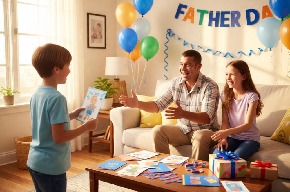 Children surprising father with handmade Father’s Day cards at home.