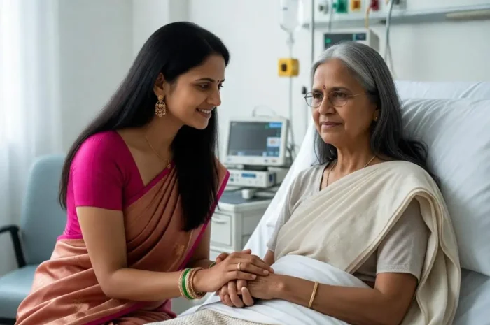 Daughter holding her elderly mother’s hand in a hospital room.