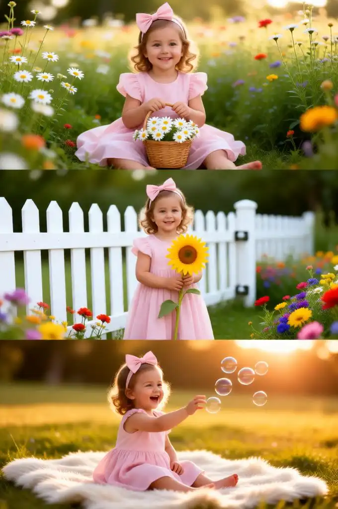 Dreamy baby girl collage with flowers and bubbles.