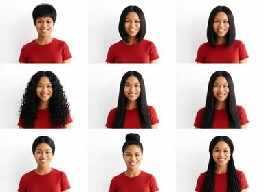 Same face shown in a 3×3 grid with different hairstyles and styles