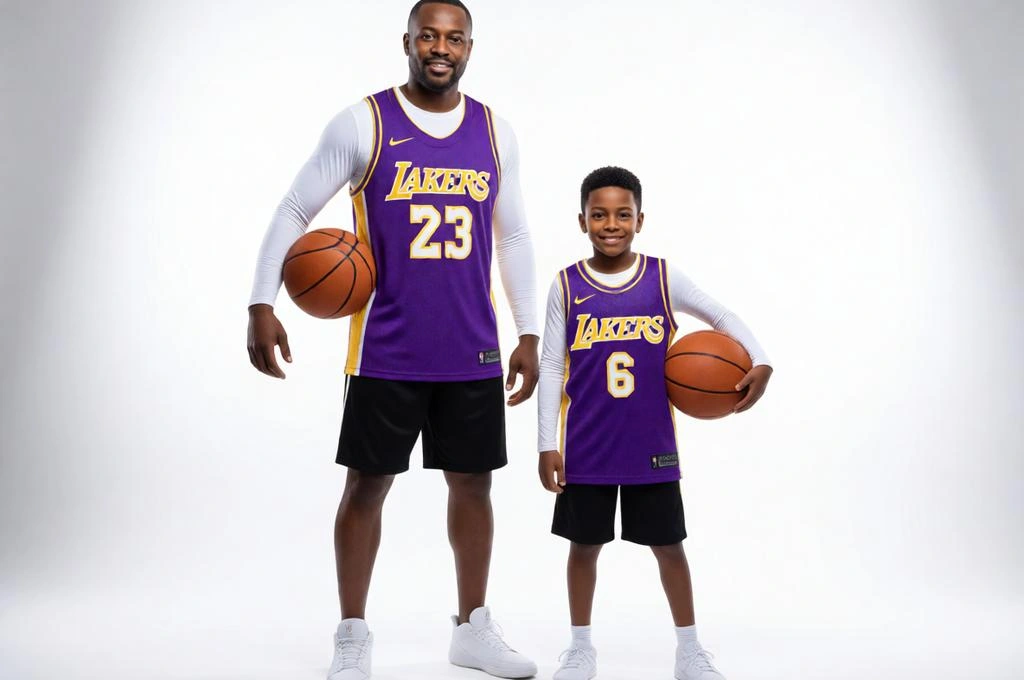Hyper-realistic basketball-themed father and son sports studio portrait.