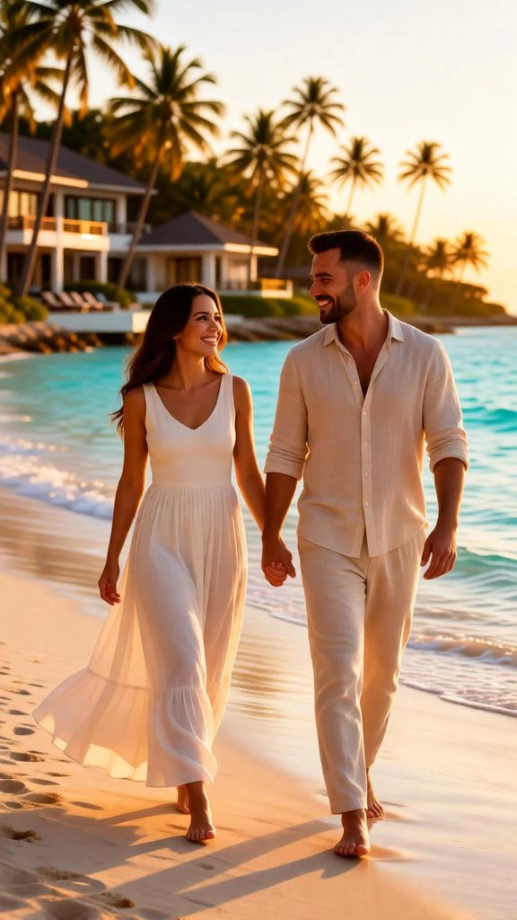 Luxury couple walking on tropical beach during sunset