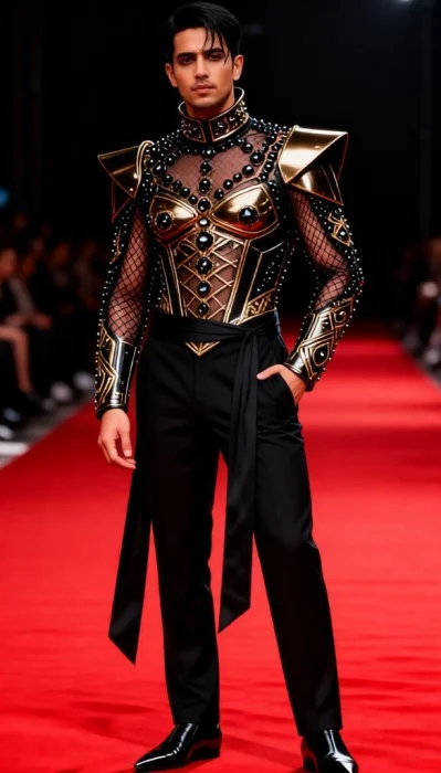 Men wear a black and gold armor-inspired futuristic couture jacket.