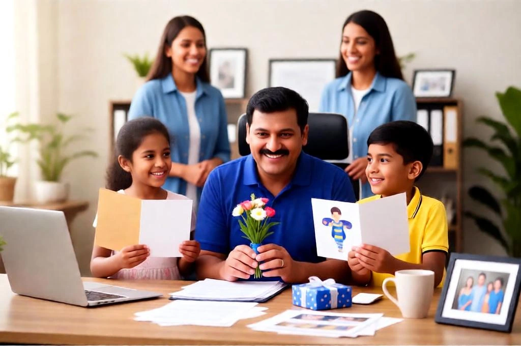 Children surprising father with gifts in office on Father’s Day.