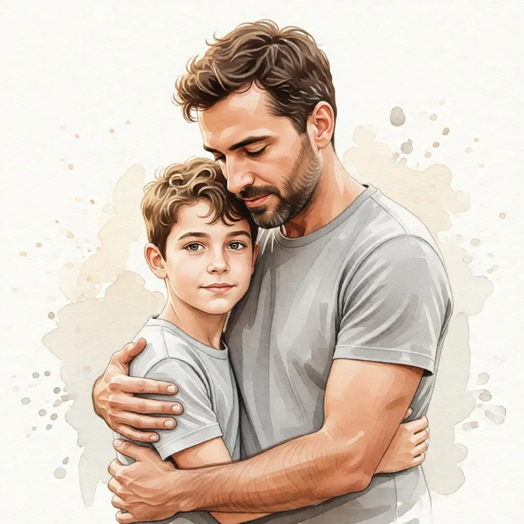 Watercolor-style digital painting of a father hugging a young son lovingly.