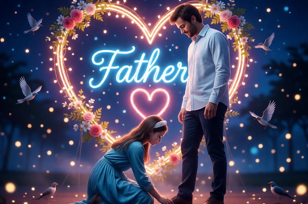 Emotional father and daughter, Father’s Day blessing moment with a neon background.