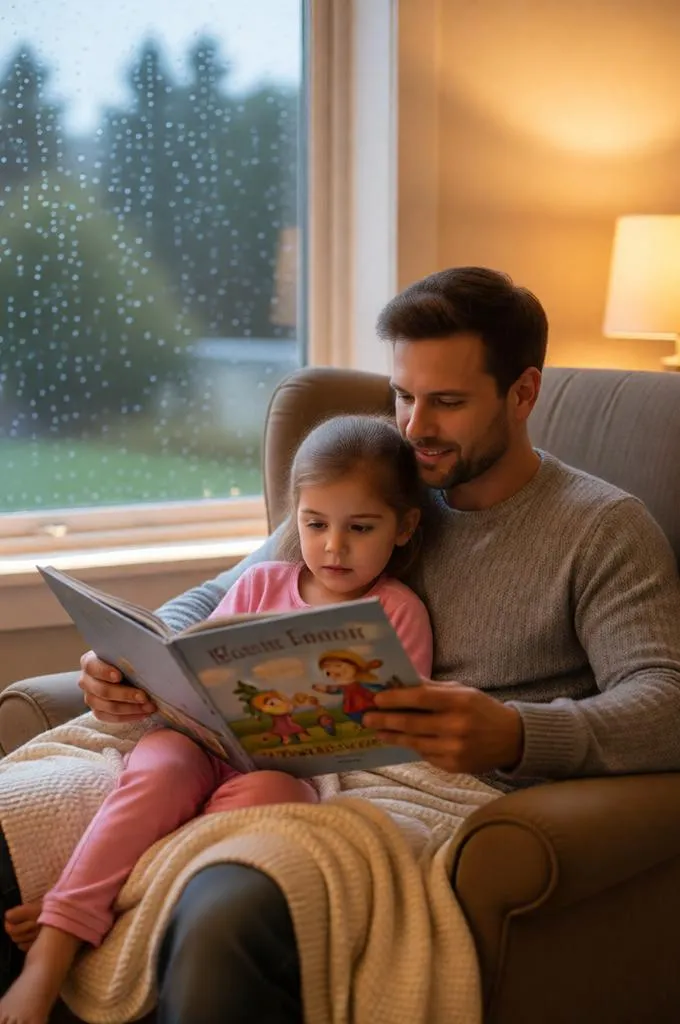 Father reading a bedtime story to his daughter.