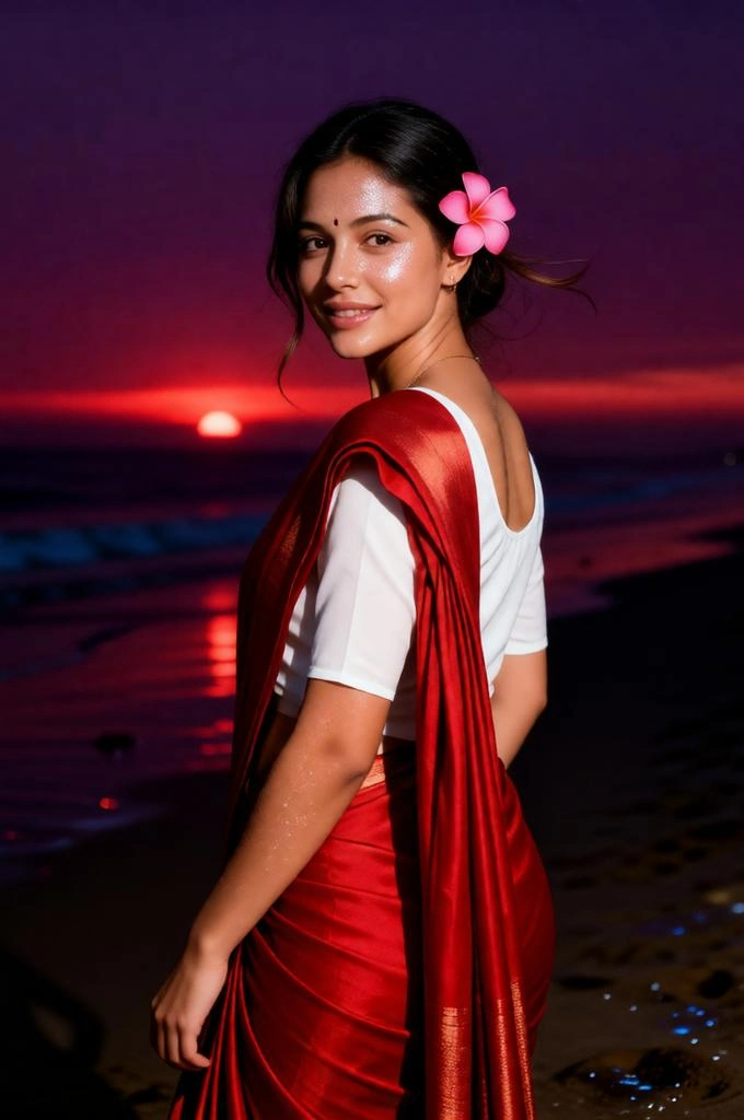 Woman in red saree on dark cinematic sunset beach
