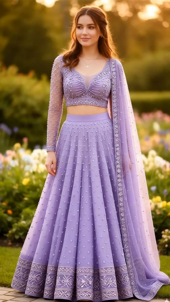 Woman wearing a lavender lehenga with sequin work and sheer sleeves.
