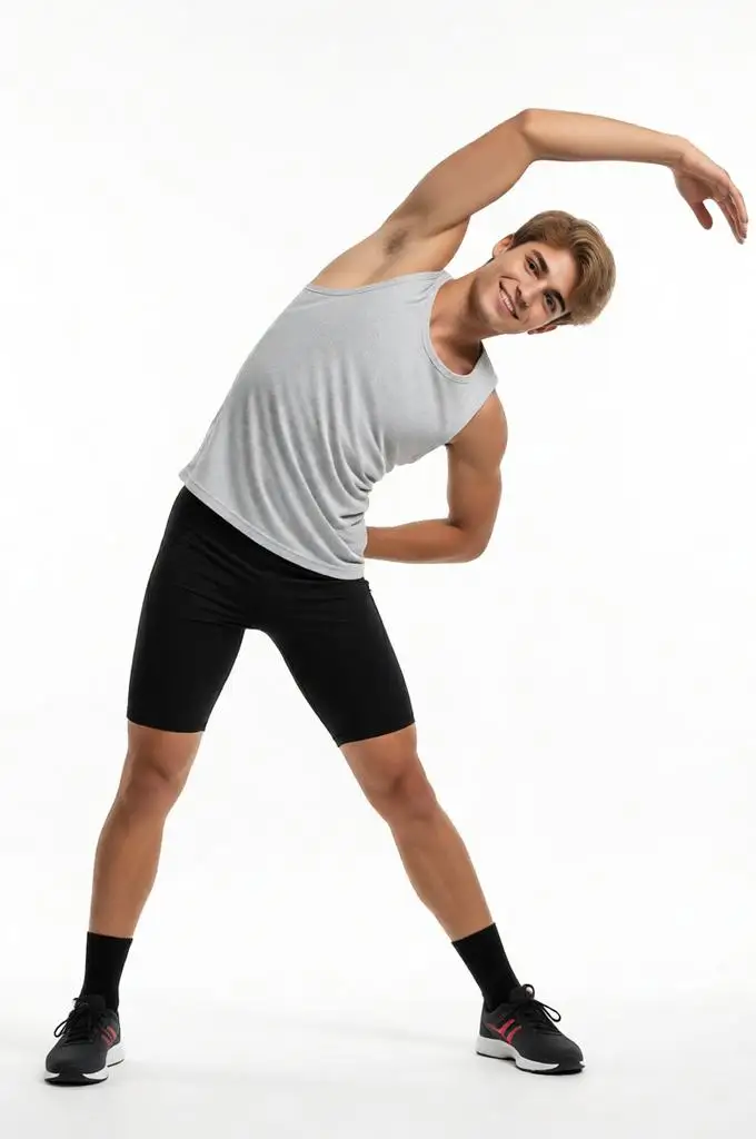 Young man doing a standing side bend stretch in the studio.