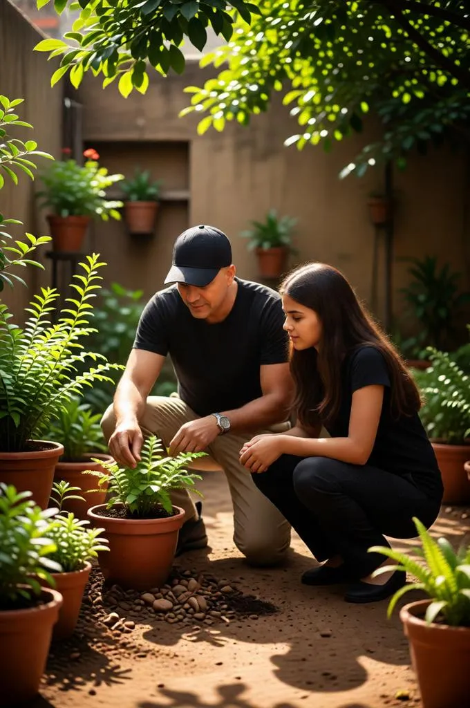 Father and daughter gardening together in a courtyard.