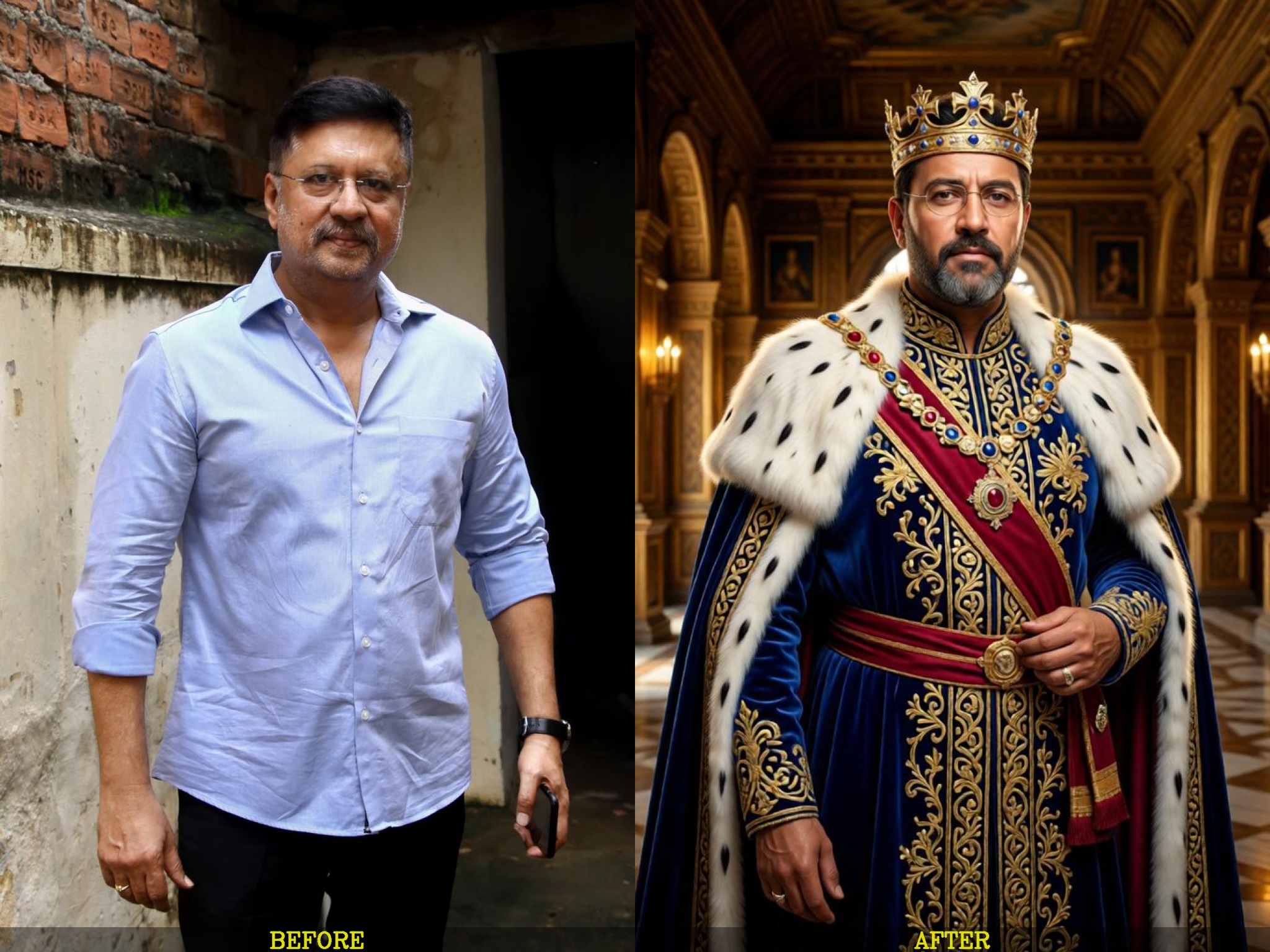 Royal king portrait of dad in regal attire with palace background and cinematic golden lighting.
