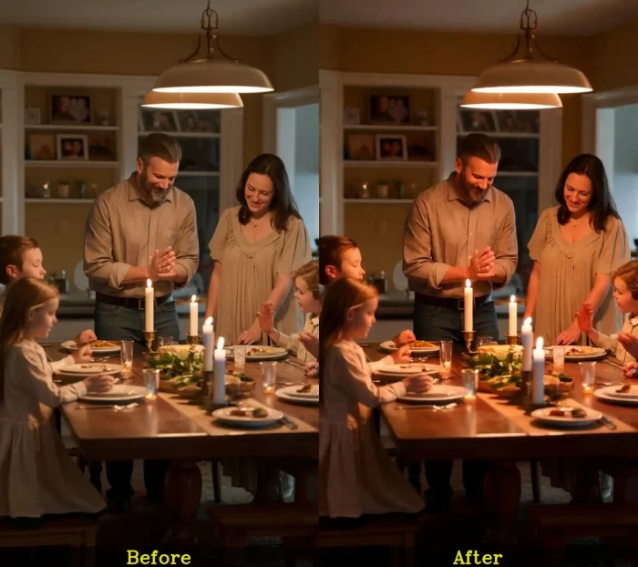 Brightened dark family portrait with natural lighting enhancement