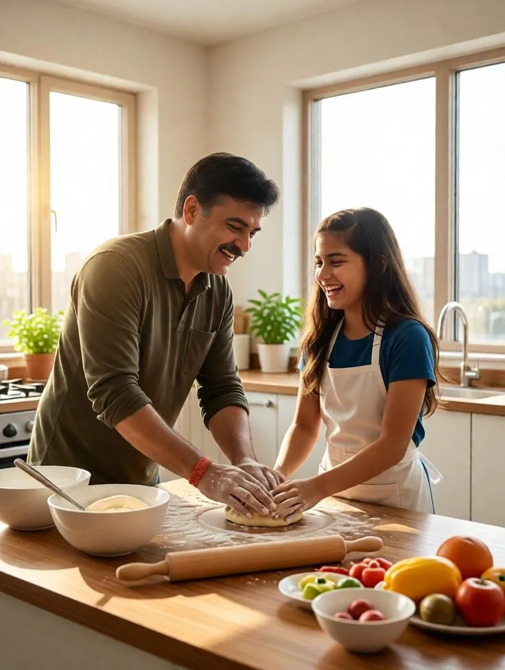 Father and daughter baking together in a kitchen.