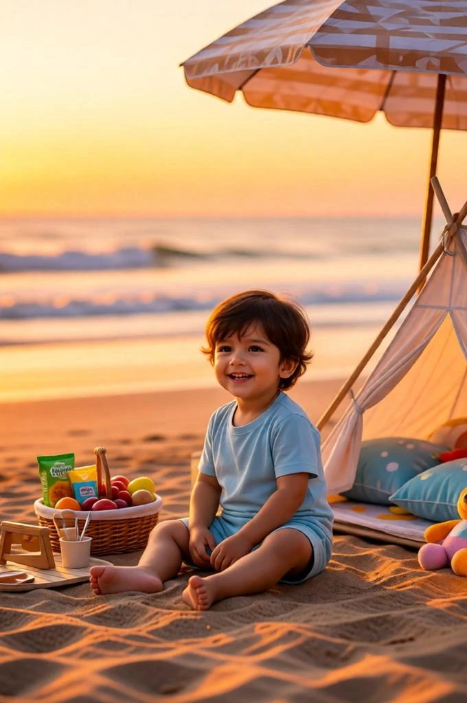 Baby boy beach sunset photoshoot with warm golden tones