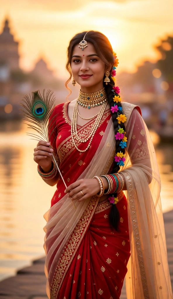 Radha Rani-inspired riverside portrait in red lehenga holding peacock feather at sunset.