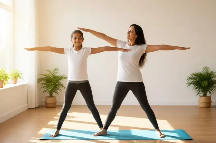 Mother and teenage daughter doing yoga together in morning light.