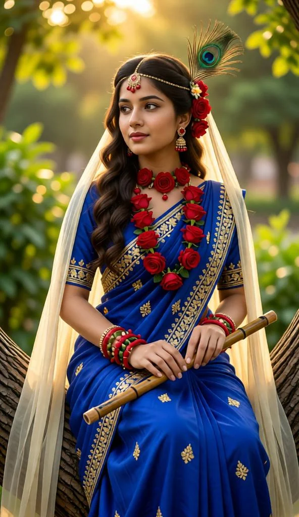 A woman styled as Radha Rani in a blue lehenga holding a flute with a dreamy devotional aesthetic.