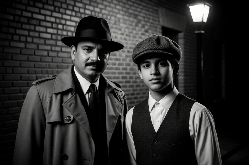 Film noir black-and-white father and son portrait in a vintage city setting.