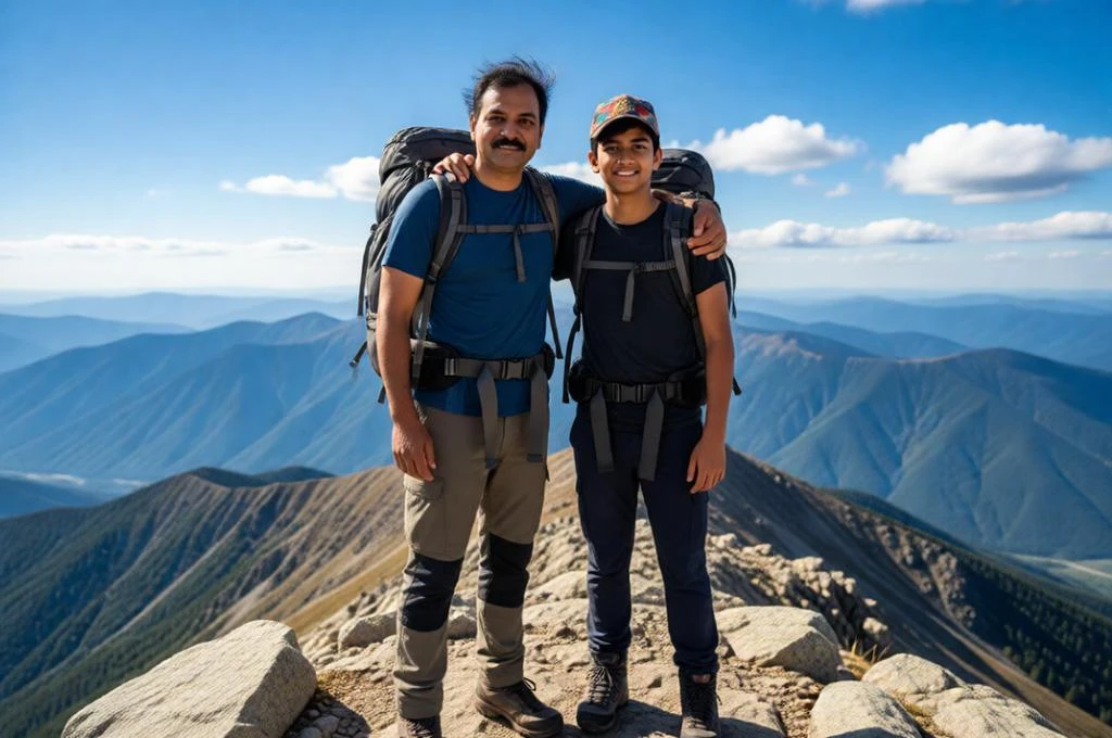 Father and son hiking together on a mountain summit adventure portrait.