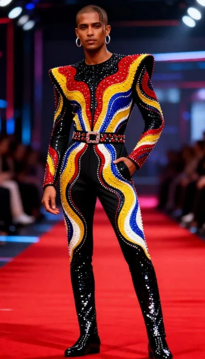 Men wear a black sequined couture jumpsuit with colorful embroidery.