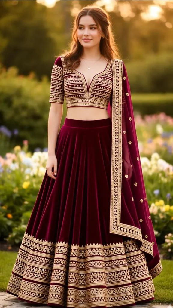 Woman wearing a deep magenta velvet lehenga with an ornate gold border.