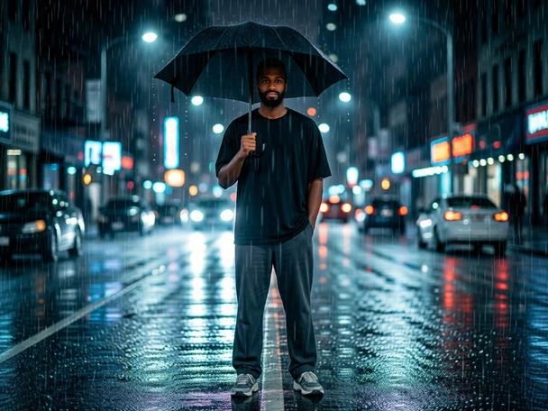Full-body rainy street portrait of a man holding a black umbrella in a neon-lit city at night.