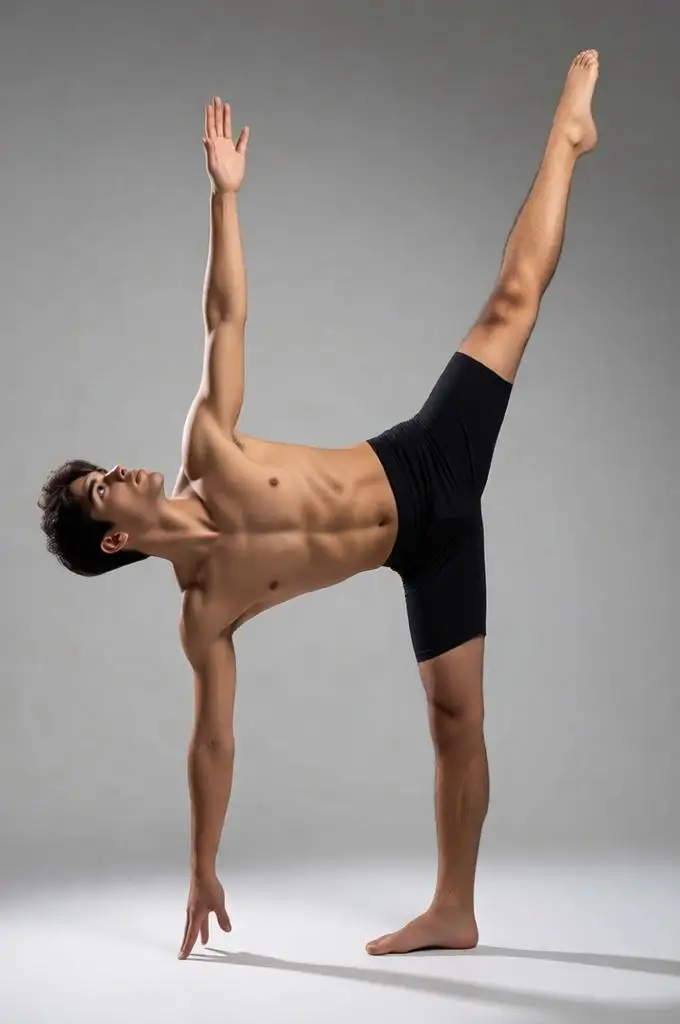 Shirtless man performing Half Moon yoga pose in studio.
