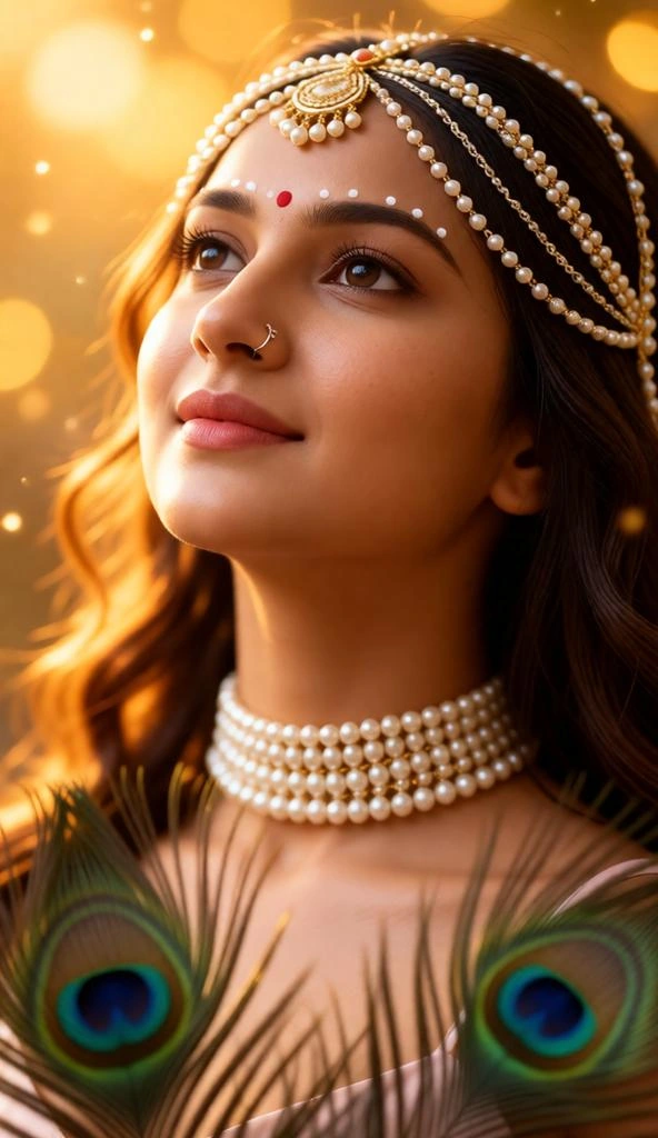 Young woman styled as Radha Rani in pearl jewelry with golden-hour cinematic close-up portrait.