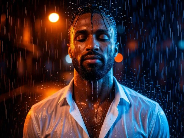 Cinematic rainy night portrait of a man in a soaked white shirt under orange and blue street lighting.