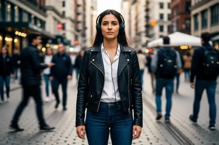 Person standing still with headphones in blurred busy public city environment