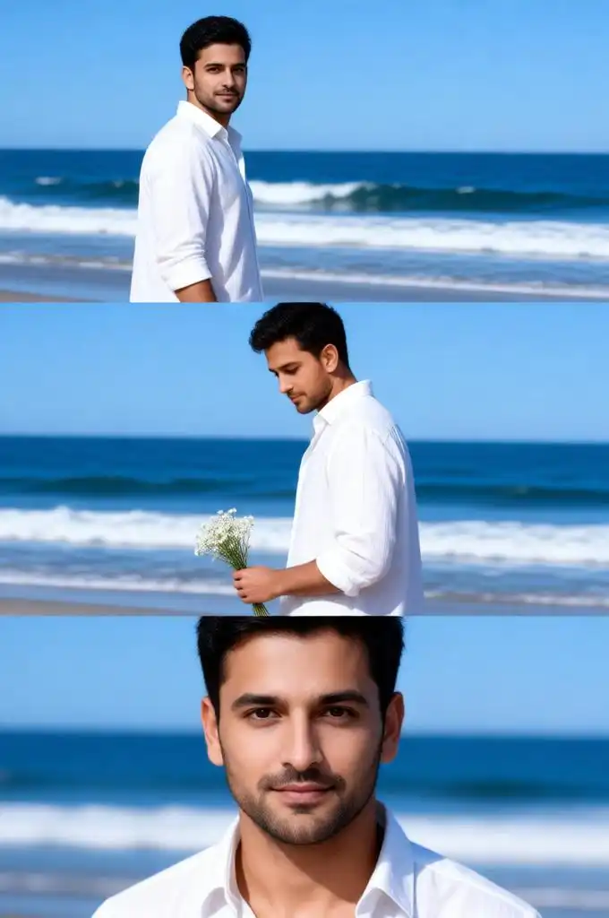 Cinematic beach portrait collage of a young man.