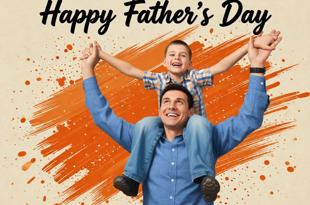 Father carrying son on his shoulders in an artistic Father’s Day painting.