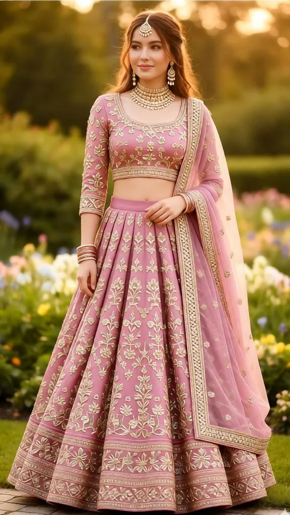 Woman in a dusty rose pink bridal lehenga with antique gold embroidery.
