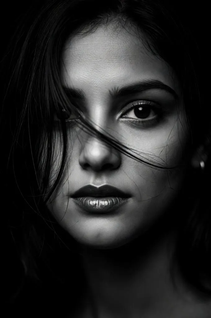 Dark black and white portrait of a woman with intense eyes.