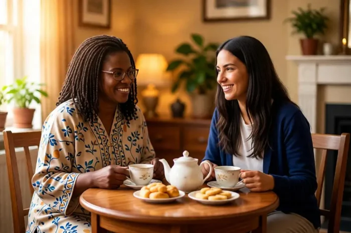 Mother and daughter sharing tea in a cozy home setting.