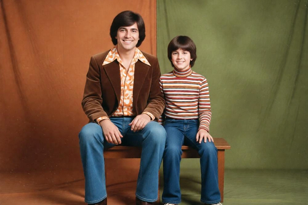 Vintage 1970s father and son family portrait with retro outfits.