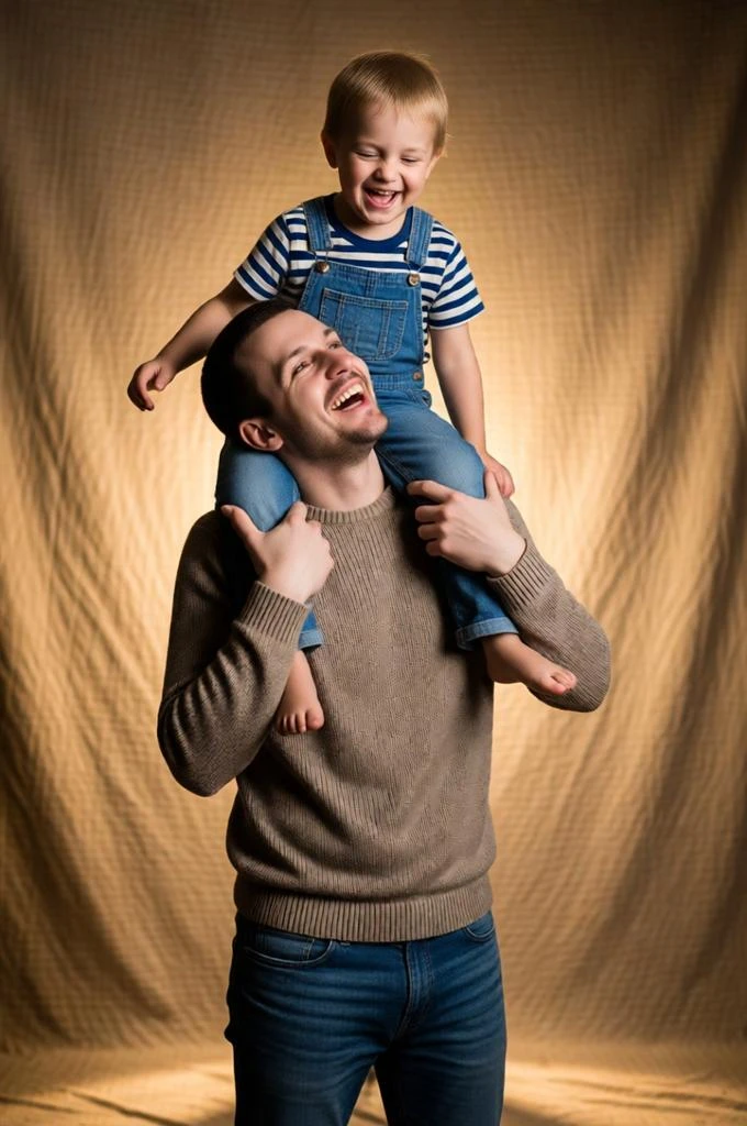 Playful studio portrait of a father holding his son on his shoulders.