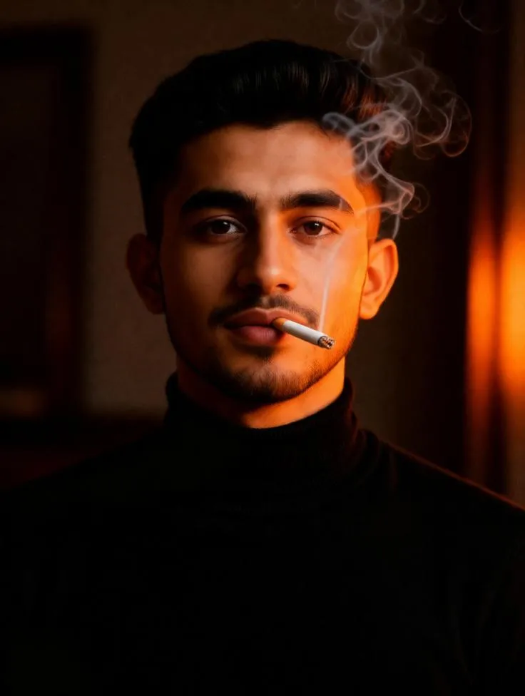 Cinematic portrait of a man with smoke and moody lighting.