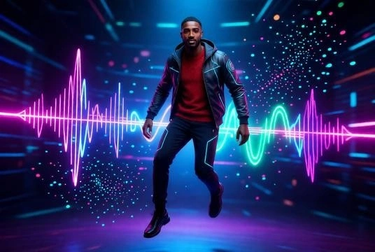 Futuristic music world with glowing sound waves and floating abstract elements