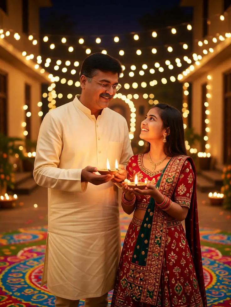 Father and daughter celebrating Diwali with glowing diyas.