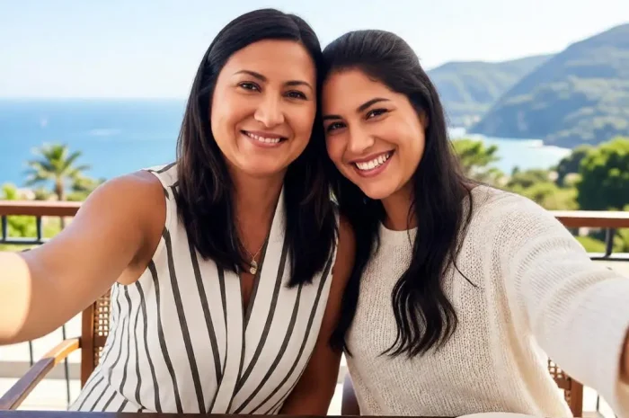 Mother and daughter taking a happy travel selfie outdoors.