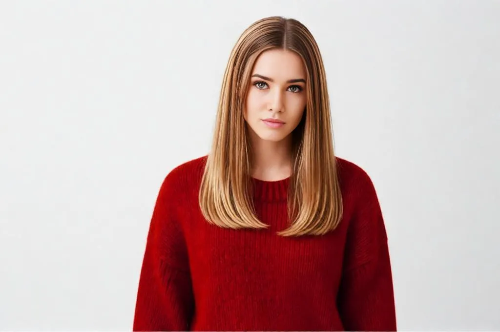 Person with straight shoulder-length hair, middle part