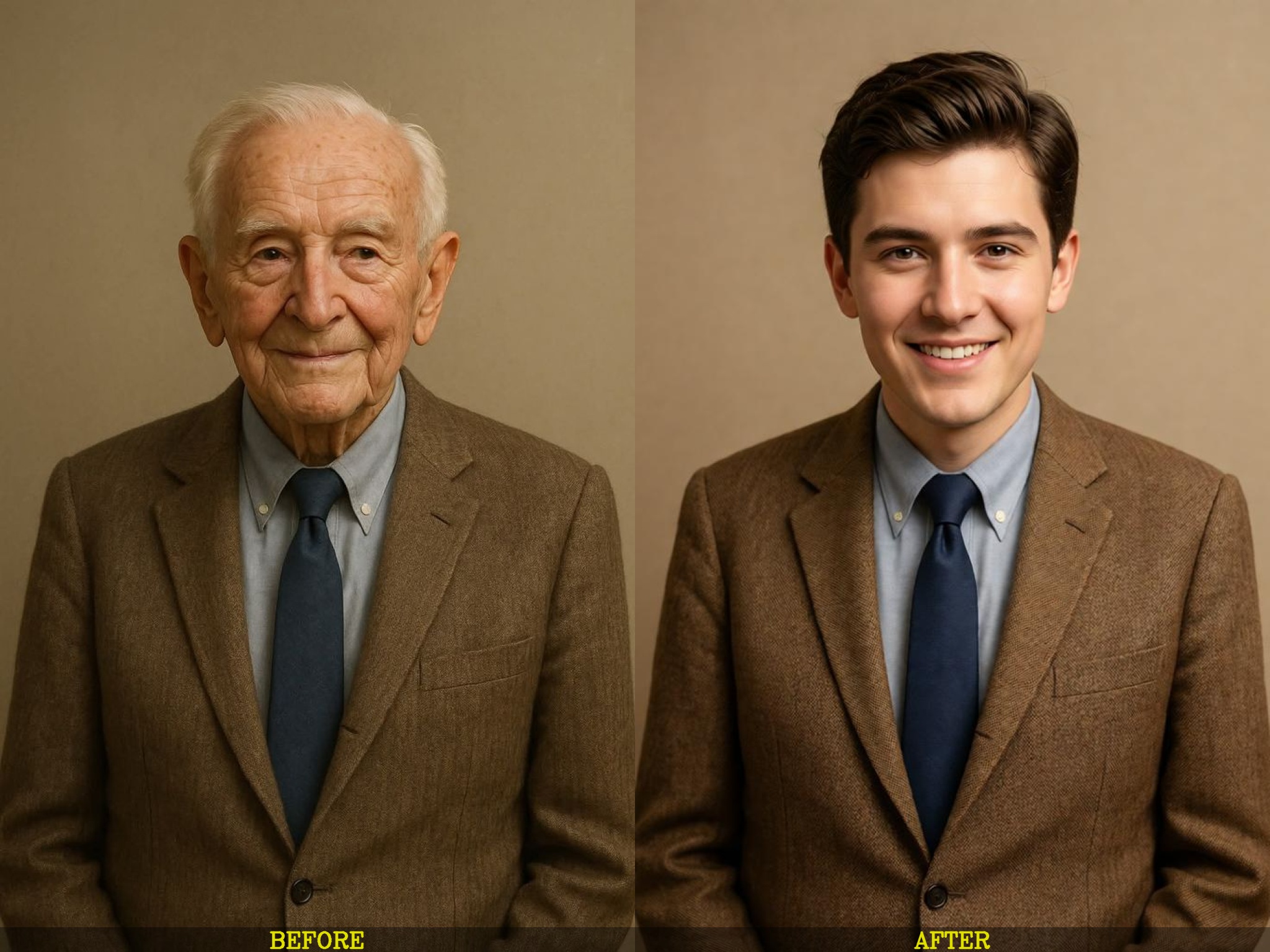 A photorealistic younger version of dad recreated with natural, youthful features and vintage realism.