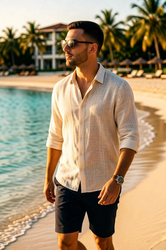 Stylish man walking on luxury beach during sunset