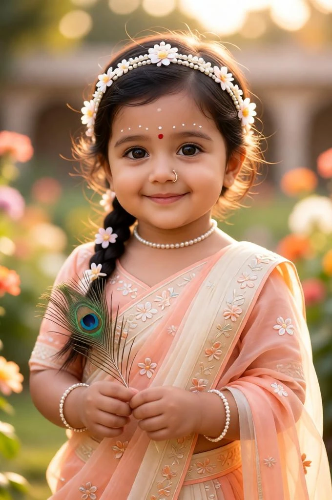 Cute baby Radha Rani portrait in pastel lehenga with peacock feather and floral jewelry.